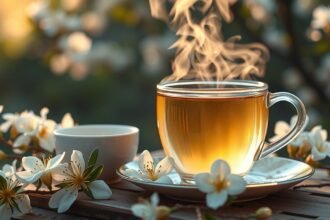 Gőzölgő fehér akácvirág tea csésze virágokkal