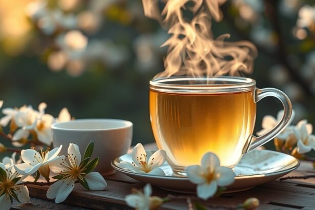 Gőzölgő fehér akácvirág tea csésze virágokkal