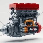 Négyütemű motor szerkezete bemutatva, a működési fázisok elemeivel.