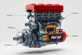 Négyütemű motor szerkezete bemutatva, a működési fázisok elemeivel.