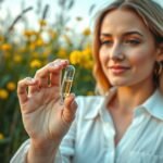 A nő hialuronsav kapszulát tart a kezében a virágos mezőn.