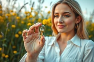 A nő hialuronsav kapszulát tart a kezében a virágos mezőn.