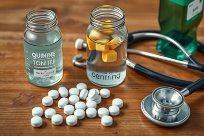 Quinine drink and tablets on a wooden surface with a stethoscope.