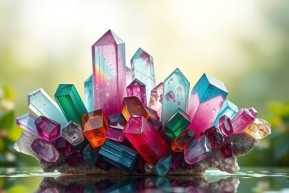 Színes turmalin kristályok természetes háttér előtt