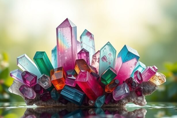 Színes turmalin kristályok természetes háttér előtt