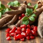 Friss goji bogyók és maca gyökerek természetes egészségjavítók.