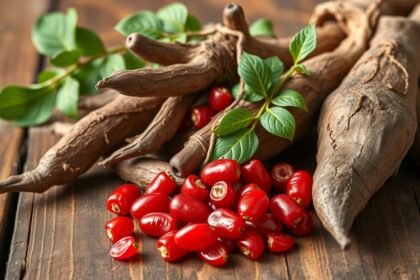 Friss goji bogyók és maca gyökerek természetes egészségjavítók.