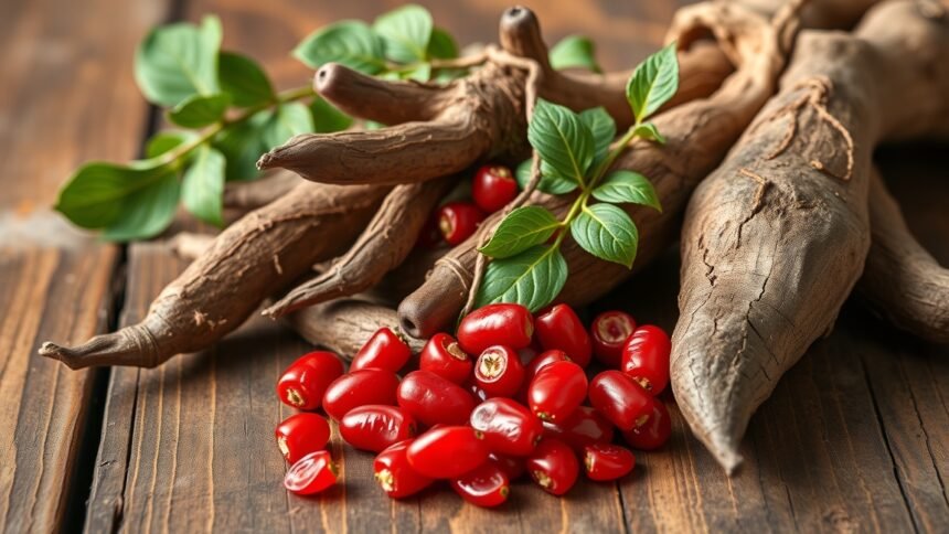 Friss goji bogyók és maca gyökerek természetes egészségjavítók.