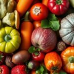 Színes zöldségek és gyümölcsök, köztük alma, bogyók és paprika.