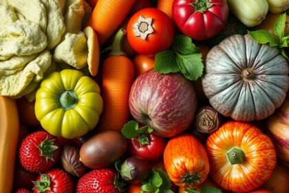 Színes zöldségek és gyümölcsök, köztük alma, bogyók és paprika.