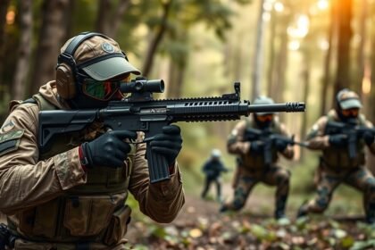 Airsoft fegyver használat közben erdős környezetben