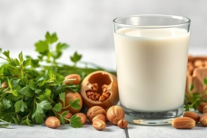 Kecsketej, friss fűszerek és diófélék együttes a tápláló egészséges táplálkozásért.