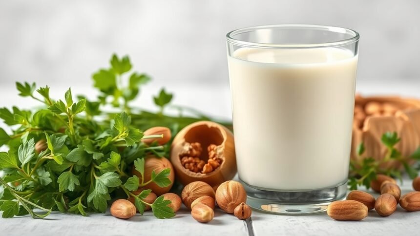 Kecsketej, friss fűszerek és diófélék együttes a tápláló egészséges táplálkozásért.