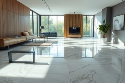 Modern lakótér műgyanta padlóval, világos és tágas környezetben.