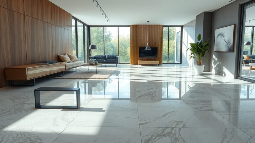 Modern lakótér műgyanta padlóval, világos és tágas környezetben.