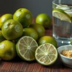 Friss lime és egészséges ital citrommal, mellette durumbúza liszt.