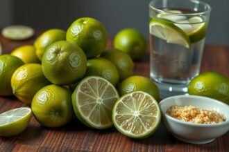 Friss lime és egészséges ital citrommal, mellette durumbúza liszt.