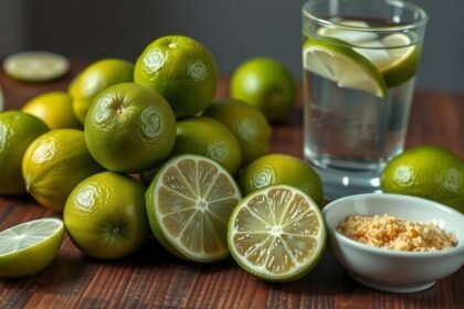 Friss lime és egészséges ital citrommal, mellette durumbúza liszt.