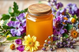 Selyemfű méz üvegben, körülötte színes virágokkal, természetes egészségügyi előnyökkel.