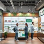 Orvosi kannabisz bolt belső terület, vásárlók és termékek.