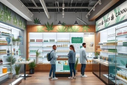 Orvosi kannabisz bolt belső terület, vásárlók és termékek.