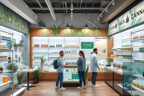 Orvosi kannabisz bolt belső terület, vásárlók és termékek.