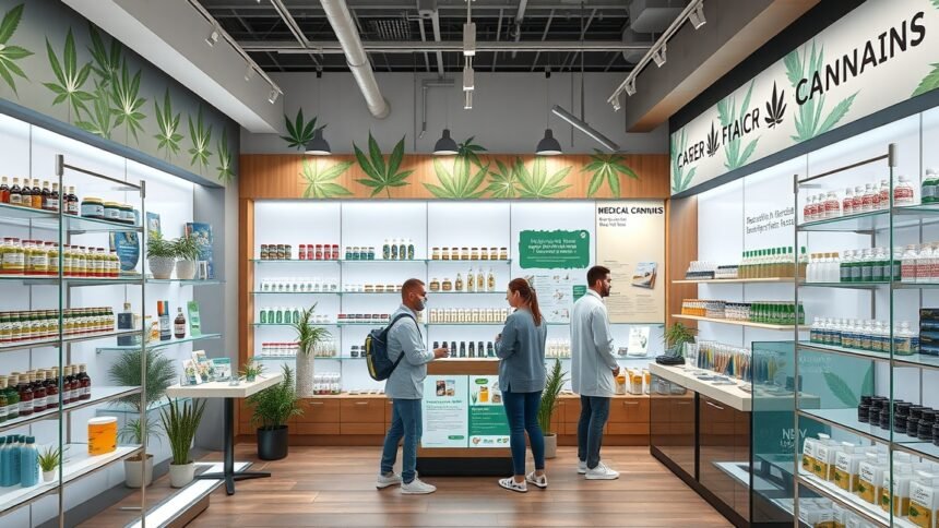 Orvosi kannabisz bolt belső terület, vásárlók és termékek.
