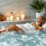 Epsom-só fürdőben relaxáló nő, wellness környezetben.