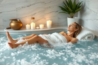 Epsom-só fürdőben relaxáló nő, wellness környezetben.