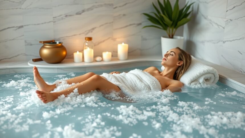 Epsom-só fürdőben relaxáló nő, wellness környezetben.