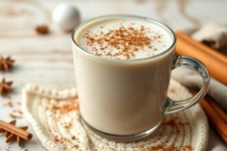 Fahéjas tej egy átlátszó pohárban, fahéjjal díszítve