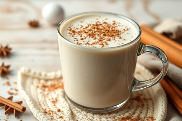 Fahéjas tej egy átlátszó pohárban, fahéjjal díszítve