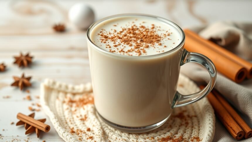 Fahéjas tej egy átlátszó pohárban, fahéjjal díszítve