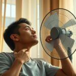 Fiatal férfi ül egy ventilátor közelében, figyelmesen nézve, miközben a levegőt élvezi.