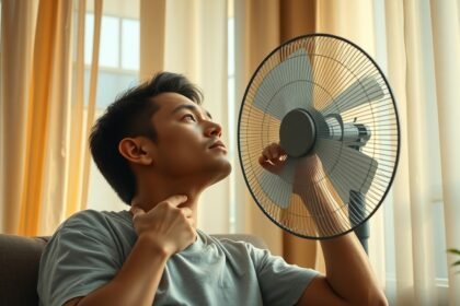 Fiatal férfi ül egy ventilátor közelében, figyelmesen nézve, miközben a levegőt élvezi.