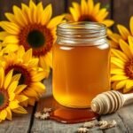 Napraforgóméz üveg és napraforgók a háttérben