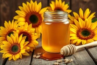 Napraforgóméz üveg és napraforgók a háttérben