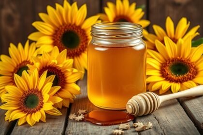 Napraforgóméz üveg és napraforgók a háttérben