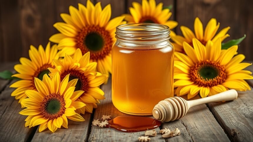 Napraforgóméz üveg és napraforgók a háttérben