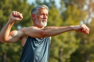 Idős férfi edzés közben, izomépítés és egészségmegőrzés céljából.