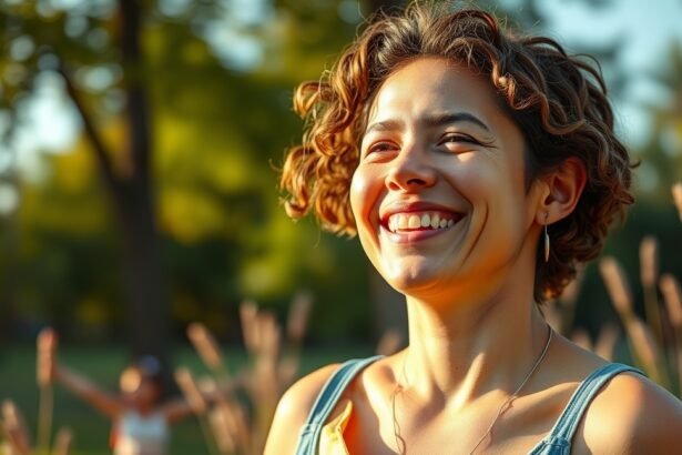 Fiatal nő mosolyogva a természetben, napsütéses környezetben.