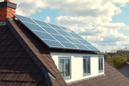 Napenergia panelek egy ház tetején, fenntartható energiaforrás.