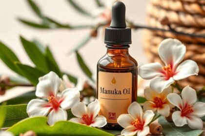 Manuka olaj üveg, virágok körül, természetes bőrápolás