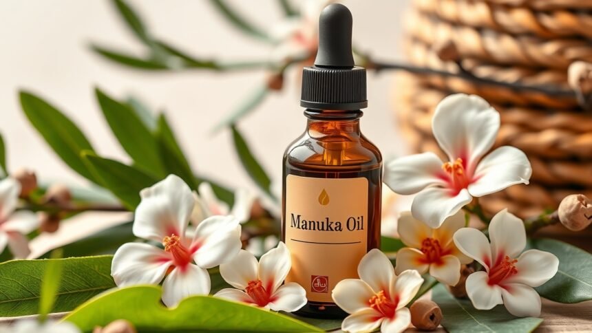 Manuka olaj üveg, virágok körül, természetes bőrápolás