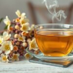 Friss fehér akácvirág tea gőzölgő csészében virágokkal.