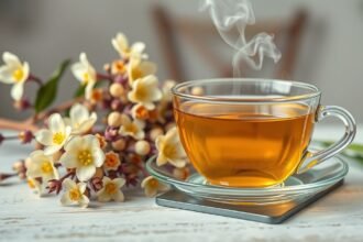 Friss fehér akácvirág tea gőzölgő csészében virágokkal.