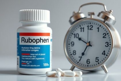 Rubophen doboz és óra, amely a gyógyszer hatásának időtartamát jelzi.