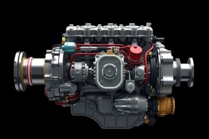 Négyütemű motor képe, bemutatva a belső alkatrészeit és működését.