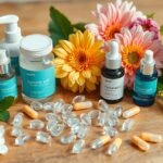 Hialuronsav kapszulák és bőrápoló termékek virágokkal.