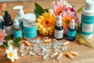 Hialuronsav kapszulák és bőrápoló termékek virágokkal.